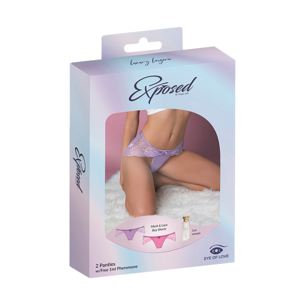 MAGIC SILK - PHEROMONE PANTIES MESH & LACE BOY SHORT 2-PACK LILAC/ROSE QUEEN SIZE