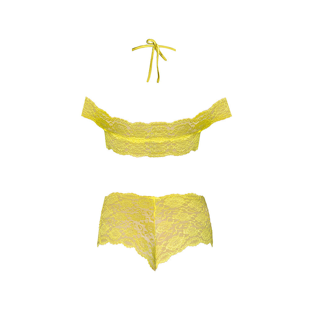 MAGIC SILK - DAFFODIL DREAMS BARDOT SLEEVE HALTER TOP & BOY SHORT SET YELLOW QUEEN SIZE