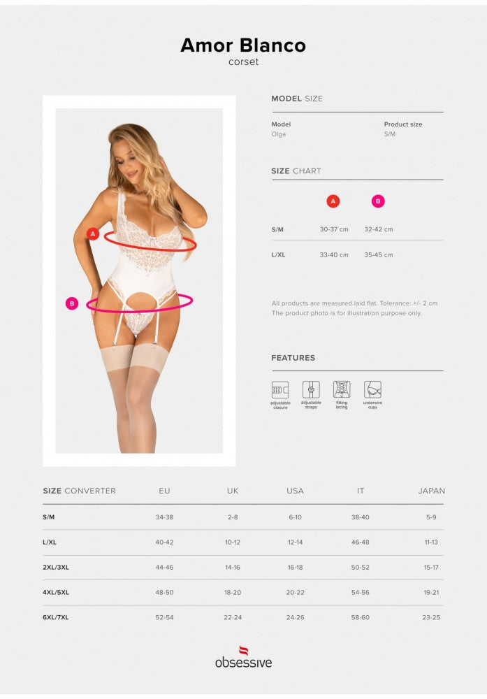 OBSESSIVE - AMOR BLANCO UNDERWIRE CORSET & THONG WHITE L/XL