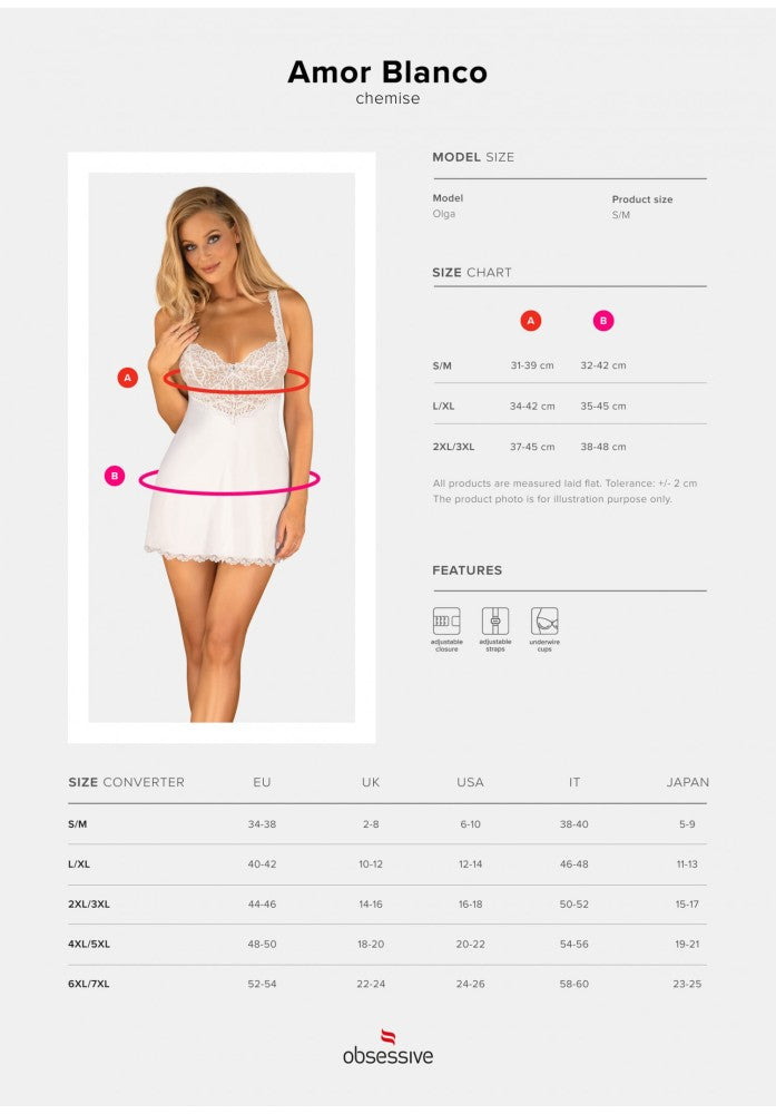 OBSESSIVE - AMOR BLANCO UNDERWIRE CHEMISE & THONG WHITE   S/M