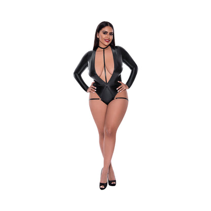 MAGIC SILK - LIQUID ONYX LONG SLEEVE TEDDY WITH HARNESS CAGING BLACK QUEEN