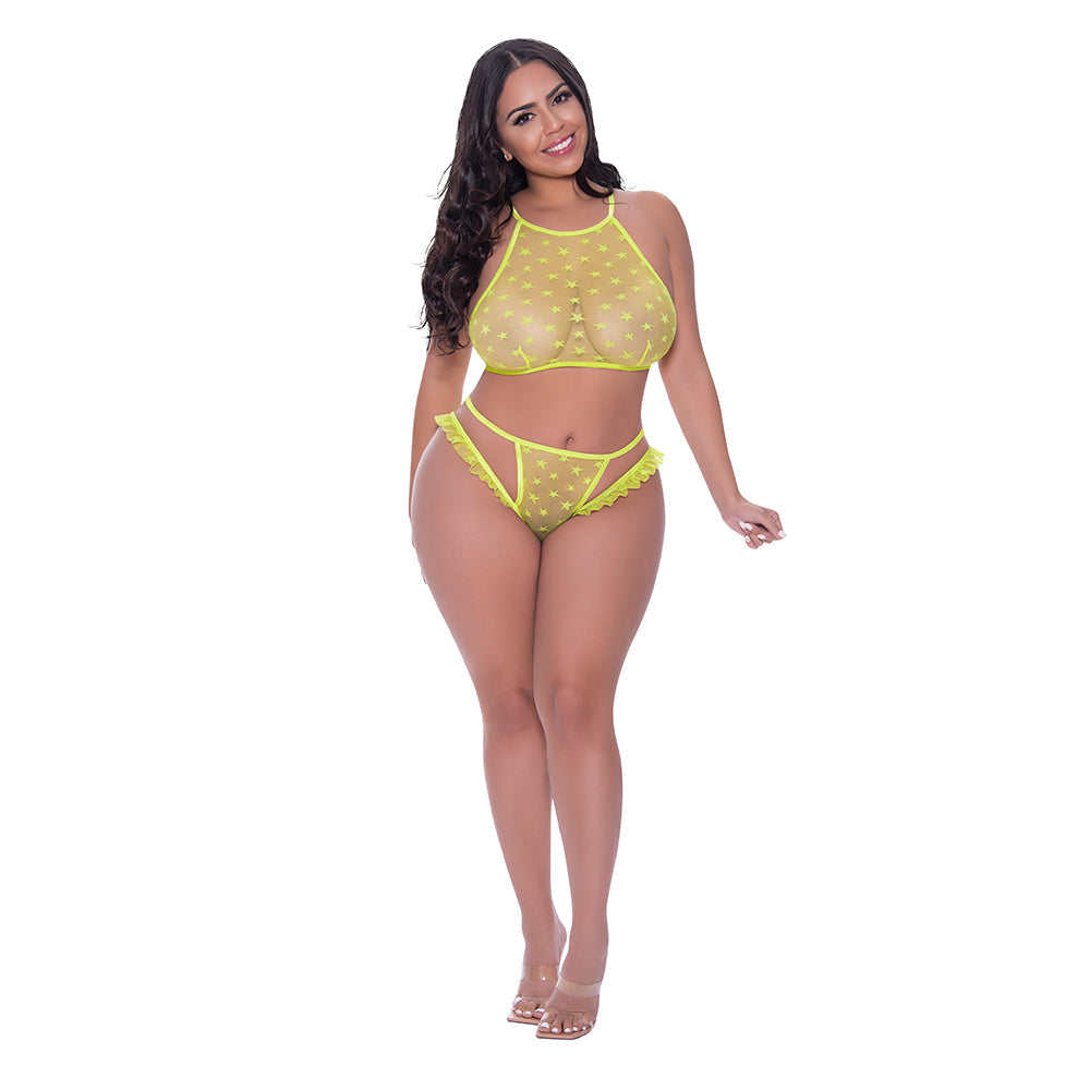 MAGIC SILK - LOVE STAR HALTER CROP BRA & CHEEKY PANTY SET NEON CHARTREUSE QUEEN SIZE