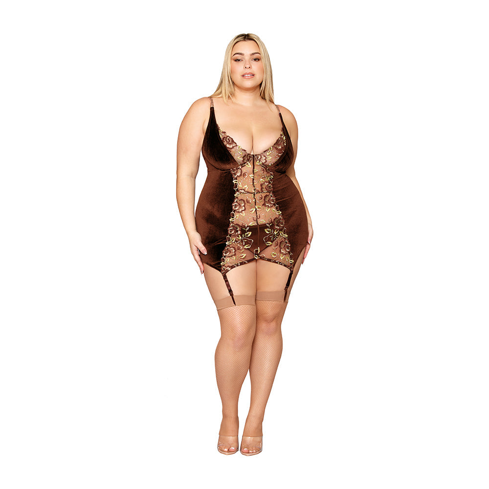 DREAMGIRL - STRETCH VELVET AND EMBROIDERED BAND GARTER SLIP AND G-STRING SET ESPRESSO 2XL