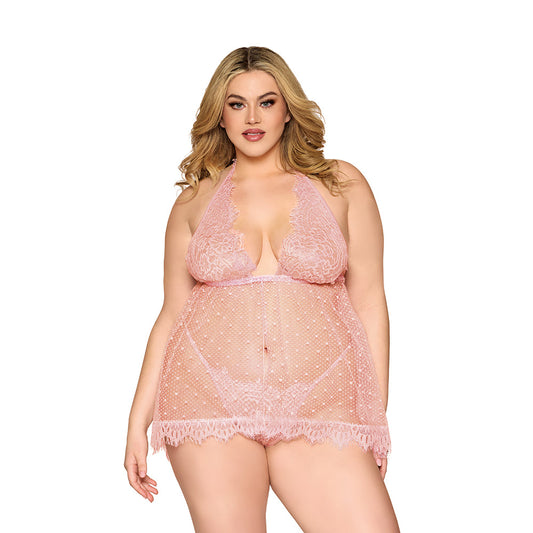 LACE AND POLKA DOT MESH BABYDOLL AND G-STRING ROSE QUARTZ 2XL