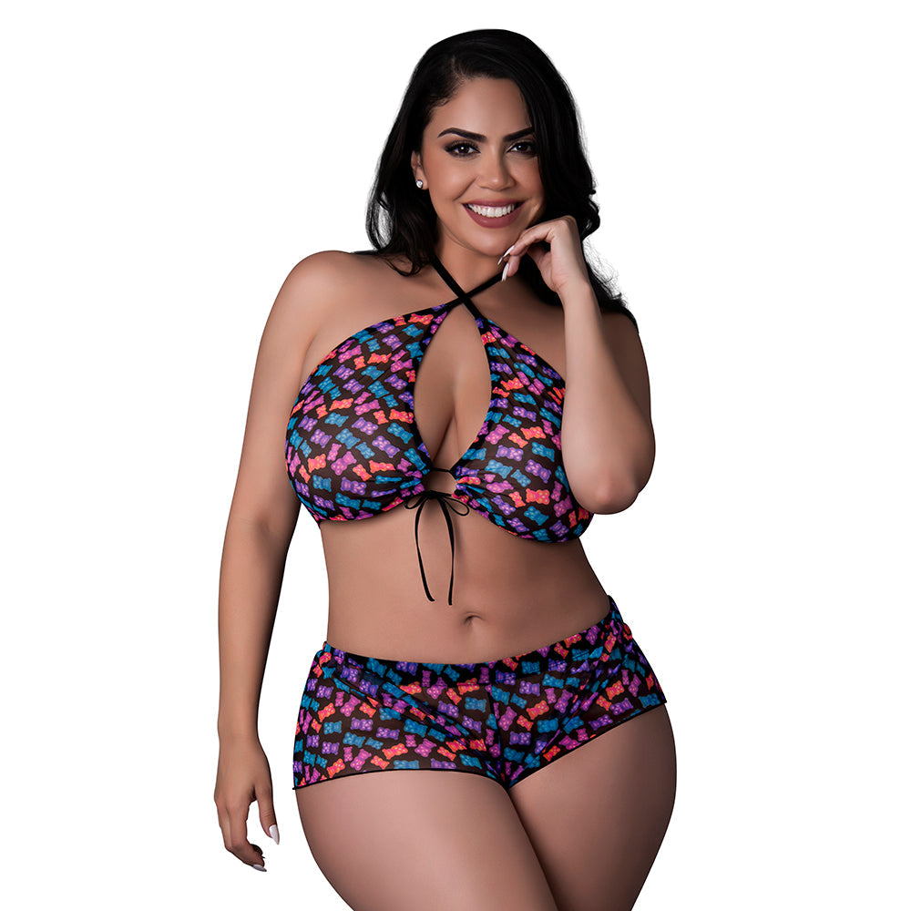 MAGIC SILK - HAZY DAYZ HALTER TOP & HOT SHORT SET GUMMY BEARS QUEEN SIZE
