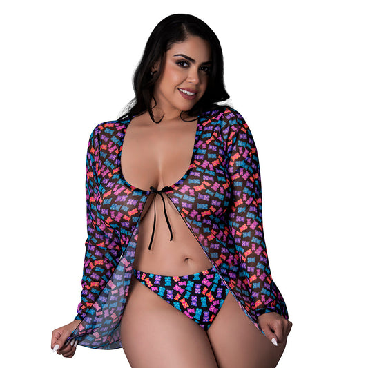 MAGIC SILK - HAZY DAYZ TIE FRONT JACKET & THONG SET GUMMY BEARS QUEEN SIZE