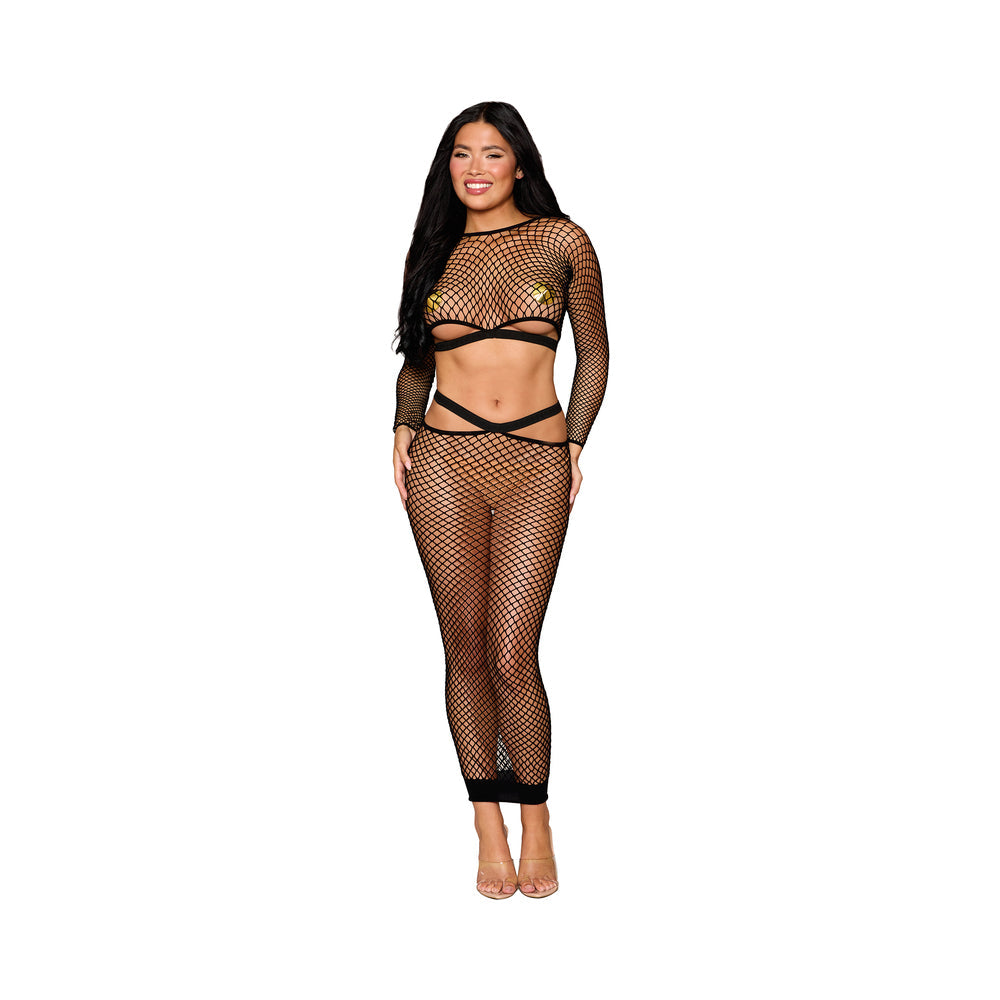 DREAMGIRL - FENCE NET LONG SLEEVE BRALETTE AND MAXI SKIRT SET BLACK O/S