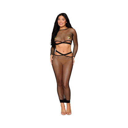 DREAMGIRL - FENCE NET LONG SLEEVE BRALETTE AND MAXI SKIRT SET BLACK O/S