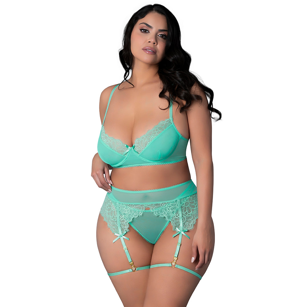 MAGIC SILK - CARIBBEAN CRUSH DEMI BRA & THONG WITH GARTER SET AQUA GLOW QUEEN SIZE