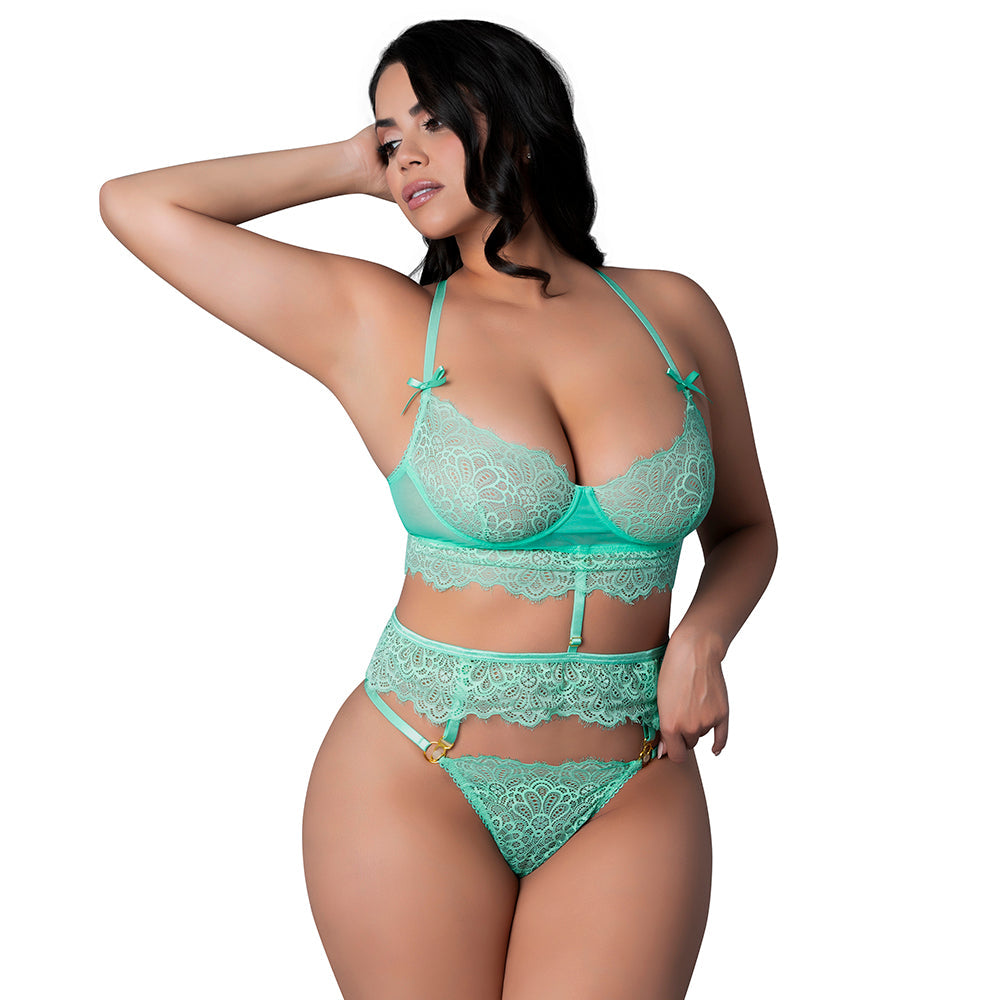 MAGIC SILK - CARIBBEAN CRUSH DEMI LONGLINE BRA & PANTY WITH FLOUNCE AQUA GLOW QUEEN SIZE