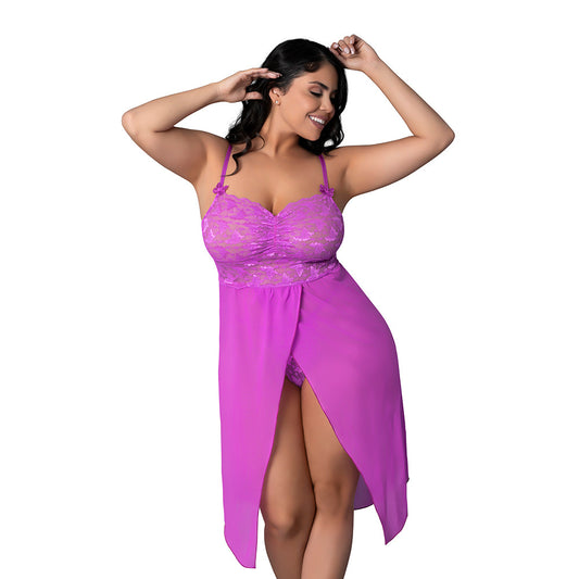 BUTTERFLY FANTASIES GOWN & THONG SET NEON PURPLE QUEEN SIZE