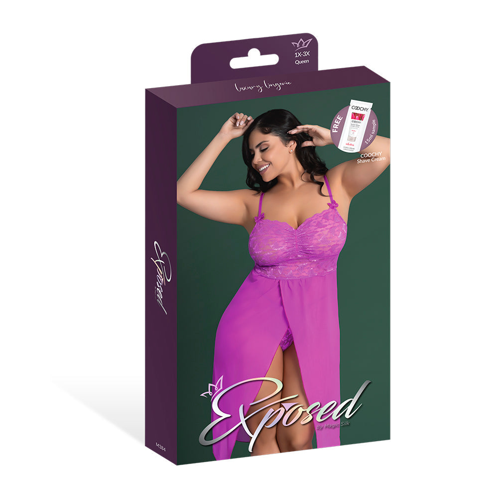 MAGIC SILK - BUTTERFLY FANTASIES GOWN & THONG SET NEON PURPLE QUEEN SIZE