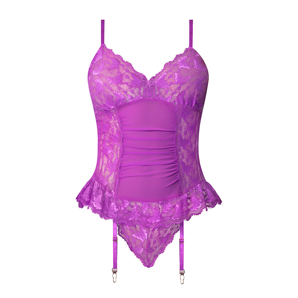 MAGIC SILK - BUTTERFLY FANTASIES BASQUE & CHEEKY PANTY SET NEON PURPLE QUEEN SIZE
