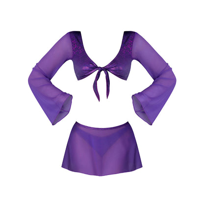 MAGIC SILK - GLIMMER LS CROP TOP, MINI SKIRT & TIE SIDE THONG PURPLE DISCO QUEEN SIZE