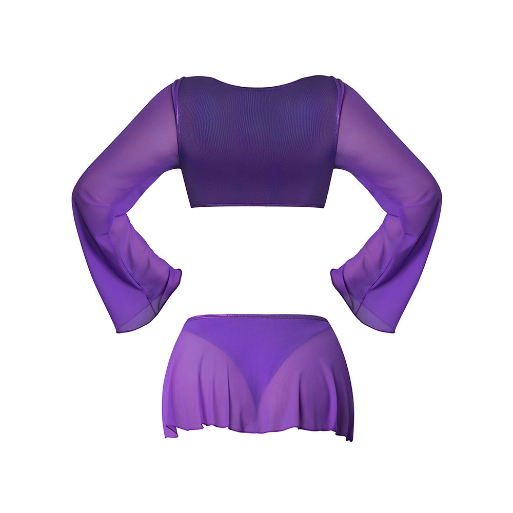 MAGIC SILK - GLIMMER LS CROP TOP, MINI SKIRT & TIE SIDE THONG PURPLE DISCO QUEEN SIZE