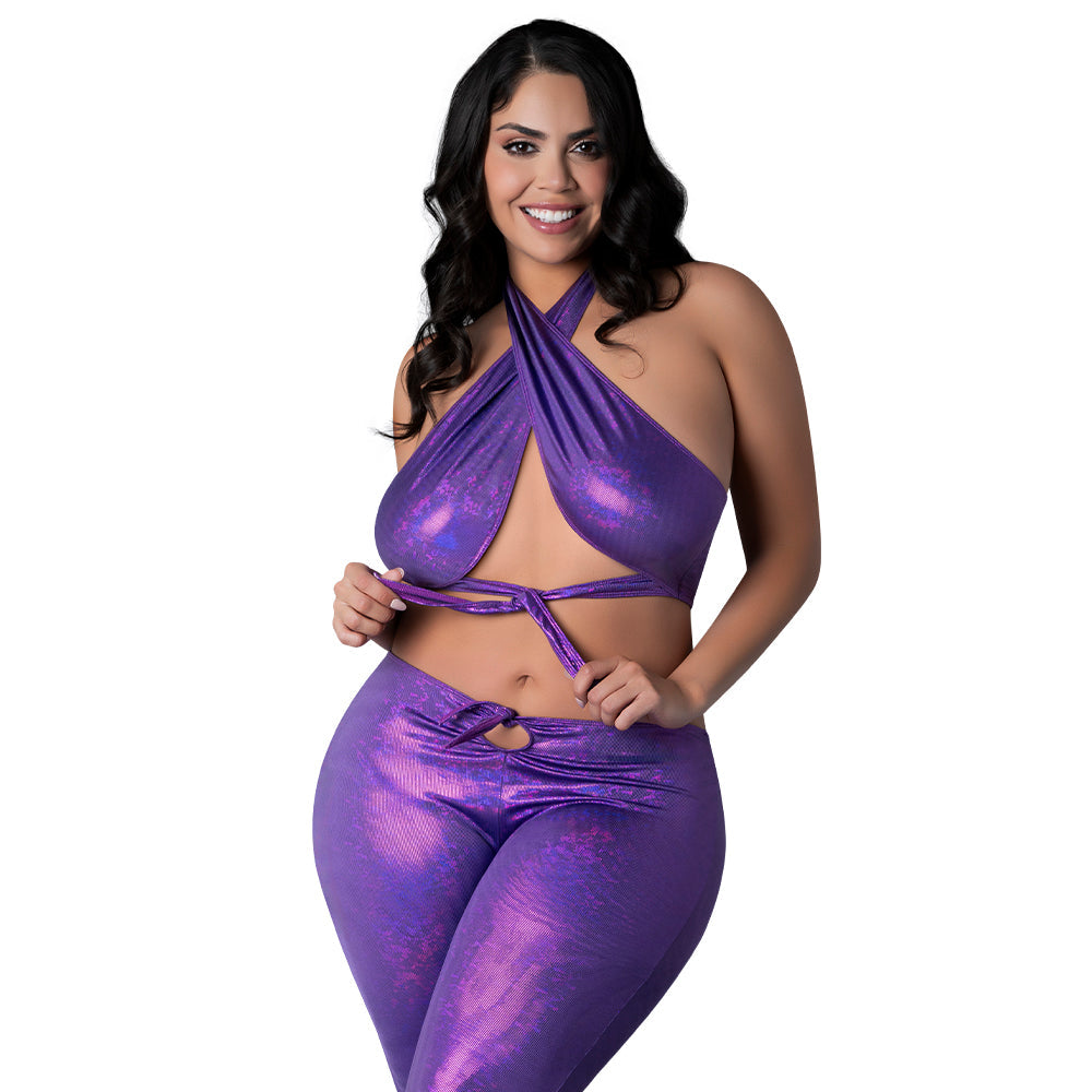 MAGIC SILK - GLIMMER WRAP HALTER & FLAIR PANT SET PURPLE DISCO QUEEN SIZE