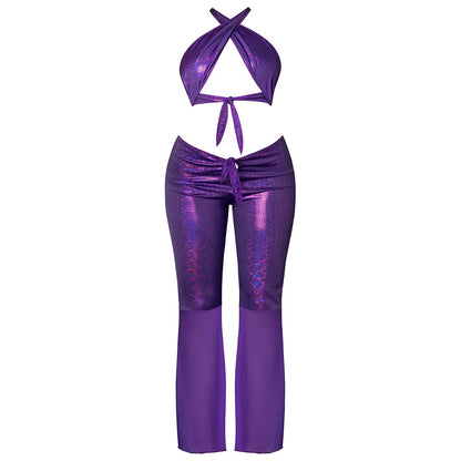 MAGIC SILK - GLIMMER WRAP HALTER & FLAIR PANT SET PURPLE DISCO QUEEN SIZE