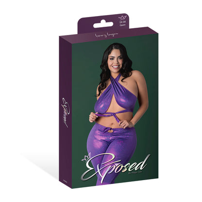 MAGIC SILK - GLIMMER WRAP HALTER & FLAIR PANT SET PURPLE DISCO QUEEN SIZE