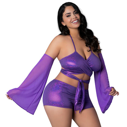 MAGIC SILK - GLIMMER WRAP BRALETTE, BOOTY SHORTS & SLEEVE SET PURPLE DISCO QUEEN SIZE
