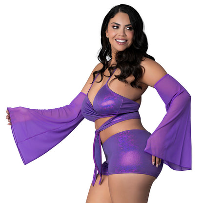 MAGIC SILK - GLIMMER WRAP BRALETTE, BOOTY SHORTS & SLEEVE SET PURPLE DISCO QUEEN SIZE
