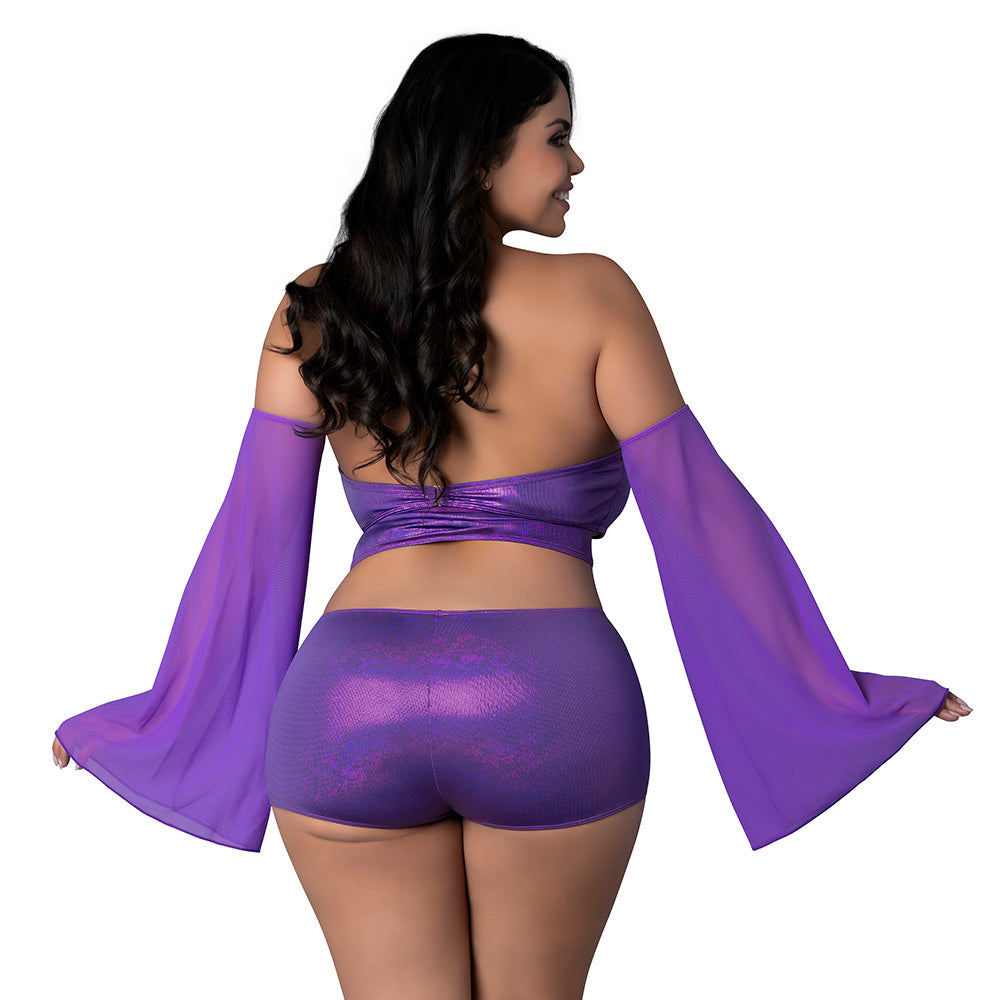 MAGIC SILK - GLIMMER WRAP BRALETTE, BOOTY SHORTS & SLEEVE SET PURPLE DISCO QUEEN SIZE