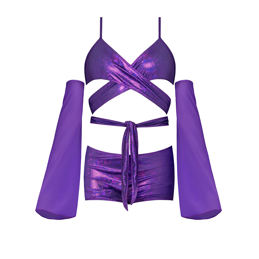 MAGIC SILK - GLIMMER WRAP BRALETTE, BOOTY SHORTS & SLEEVE SET PURPLE DISCO QUEEN SIZE