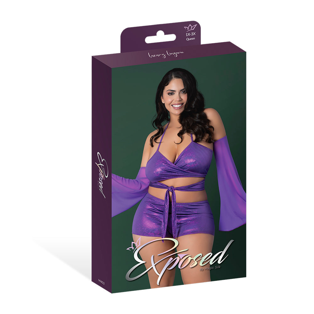 MAGIC SILK - GLIMMER WRAP BRALETTE, BOOTY SHORTS & SLEEVE SET PURPLE DISCO QUEEN SIZE