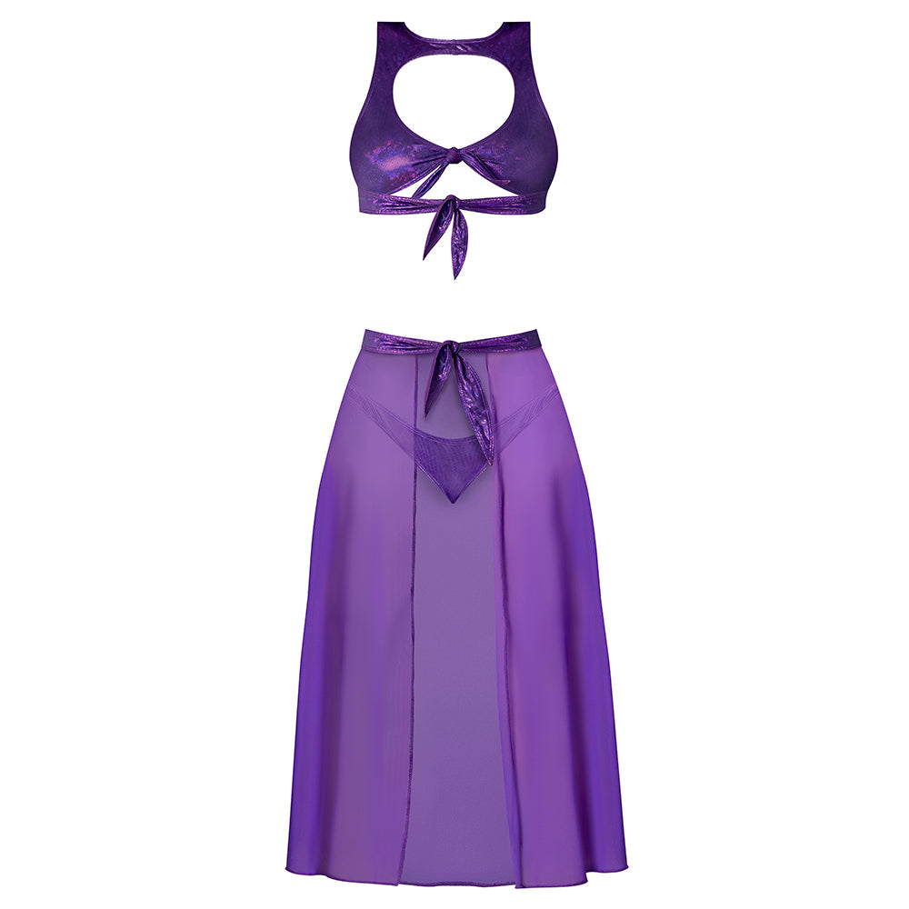 MAGIC SILK - GLIMMER HIGH NECK CROP TOP, FLOWY SKIRT & TANGA SET PURPLE DISCO S/M