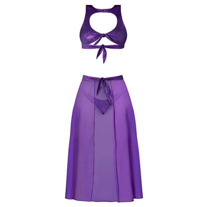 MAGIC SILK - GLIMMER HIGH NECK CROP TOP, FLOWY SKIRT & TANGA SET PURPLE DISCO S/M