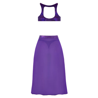 MAGIC SILK - GLIMMER HIGH NECK CROP TOP, FLOWY SKIRT & TANGA SET PURPLE DISCO S/M