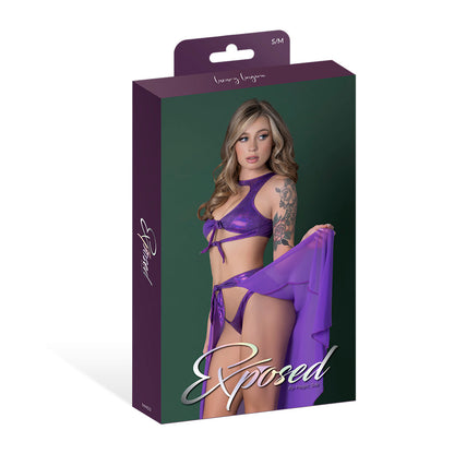 MAGIC SILK - GLIMMER HIGH NECK CROP TOP, FLOWY SKIRT & TANGA SET PURPLE DISCO S/M