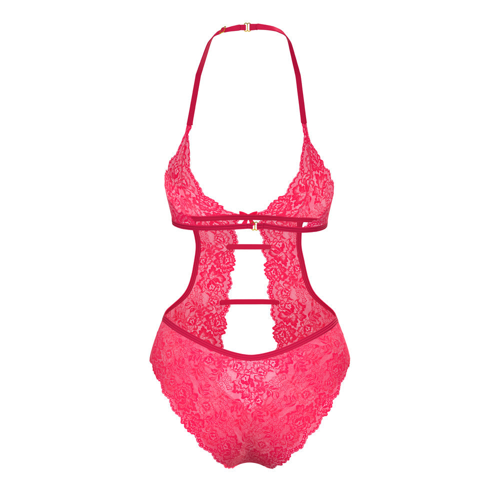 MAGIC SILK - GET IT GIRL HALTER TEDDY WITH SNAP CROTCH DIVA PINK L/XL