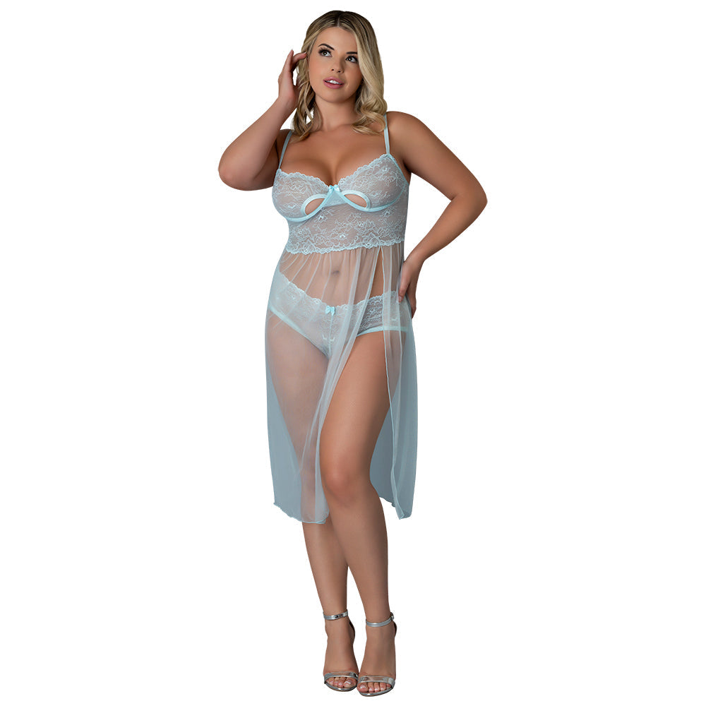 MAGIC SILK - BLUE SKY LONG CHEMISE & BOY SHORT PANTY BLUE QUEEN SIZE