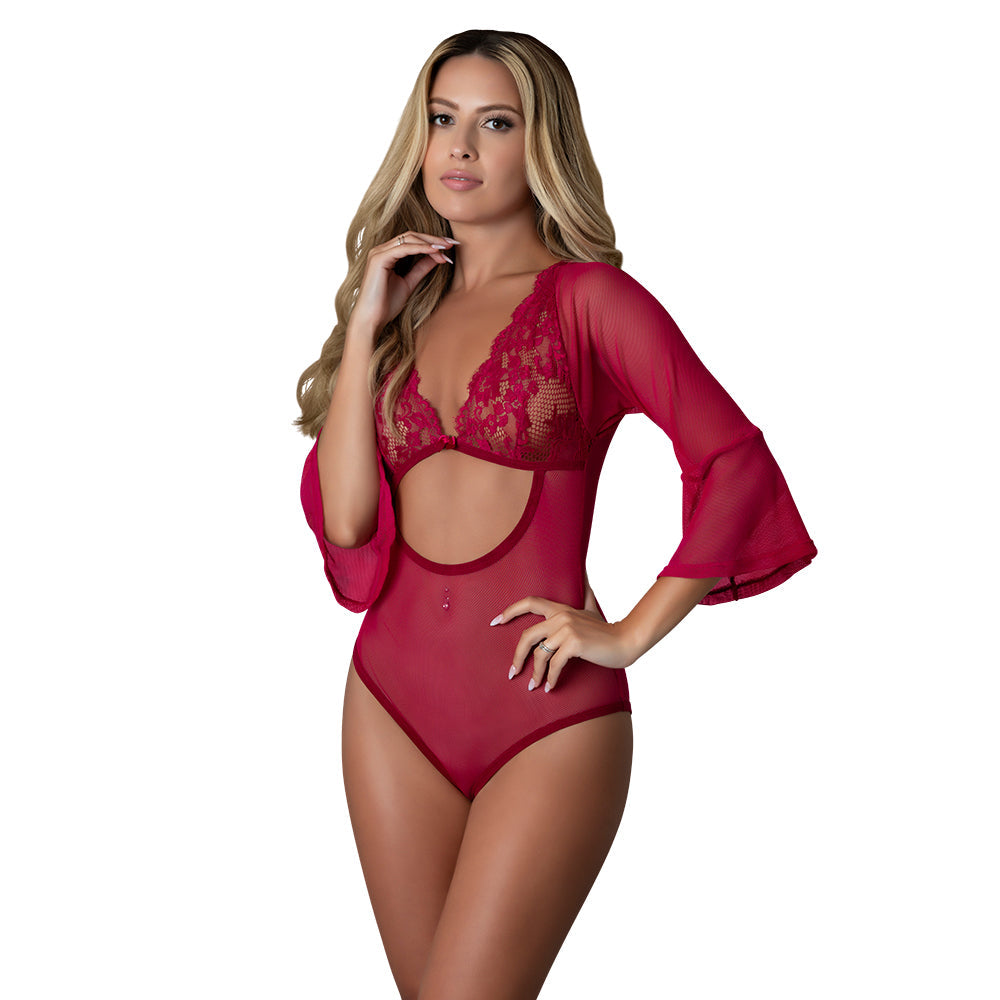 MAGIC SILK - BLACK CHERRY 3/4 SLEEVE PLAYSUIT CHERRY S/M