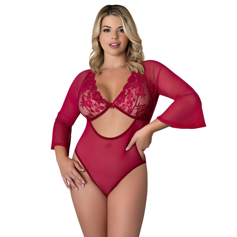 MAGIC SILK - BLACK CHERRY 3/4 SLEEVE PLAYSUIT CHERRY QUEEN SIZE