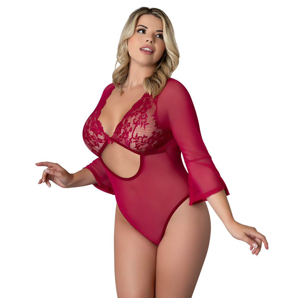 MAGIC SILK - BLACK CHERRY 3/4 SLEEVE PLAYSUIT CHERRY QUEEN SIZE