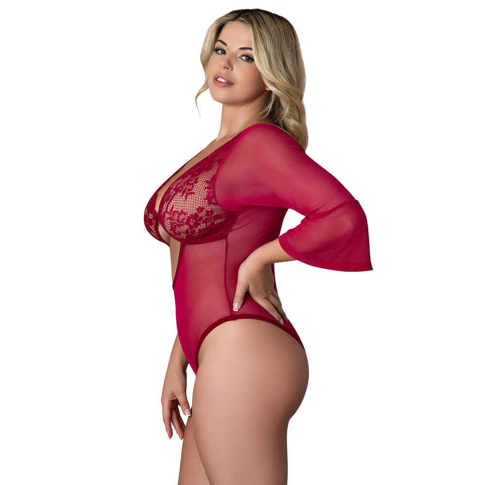 MAGIC SILK - BLACK CHERRY 3/4 SLEEVE PLAYSUIT CHERRY QUEEN SIZE