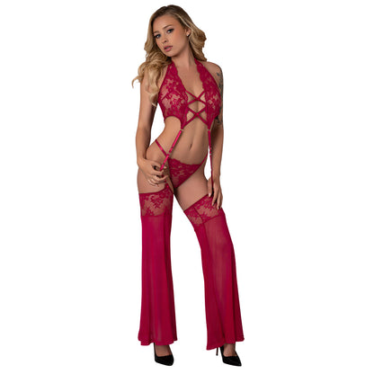 MAGIC SILK - BLACK CHERRY PLUNGE TOP WITH REMOVABLE CHAPS & CHEEKY PANTY CHERRY S/M
