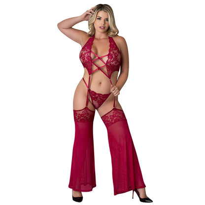 MAGIC SILK - BLACK CHERRY PLUNGE TOP WITH REMOVABLE CHAPS & CHEEKY PANTY CHERRY QUEEN SIZE