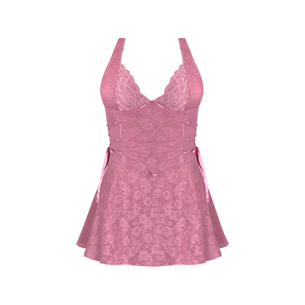 MAGIC SILK - WISTERIA MIST HALTER BABYDOLL & G-SET PINK QUEEN SIZE