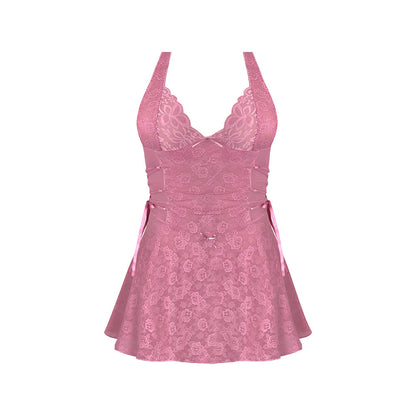 MAGIC SILK - WISTERIA MIST HALTER BABYDOLL & G-SET PINK QUEEN SIZE