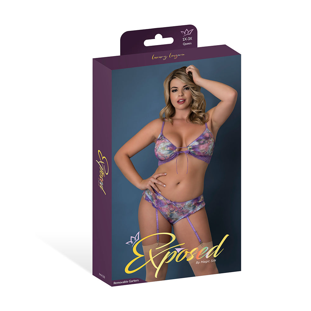 MAGIC SILK - WISTERIA MIST BRALETTE & PANTY WITH REMOVABLE GARTERS FLORAL QUEEN SIZE