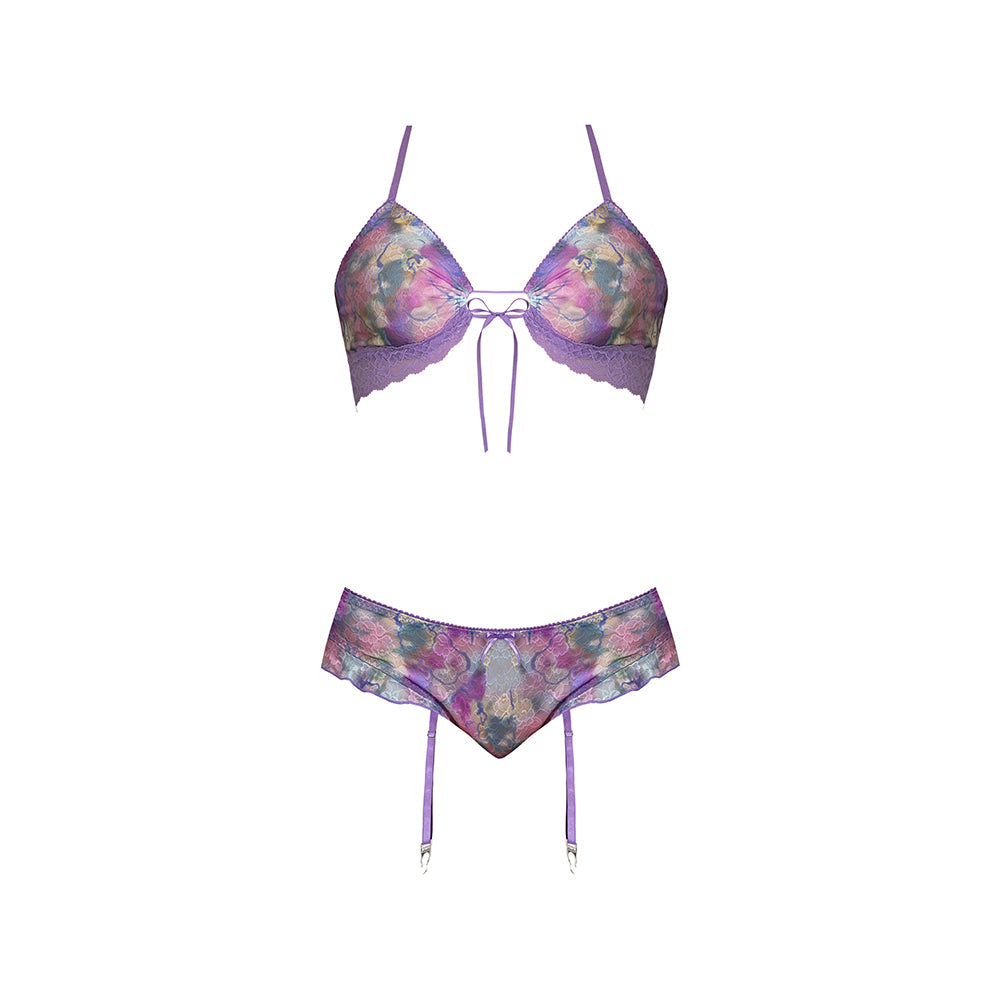 MAGIC SILK - WISTERIA MIST BRALETTE & PANTY WITH REMOVABLE GARTERS FLORAL QUEEN SIZE