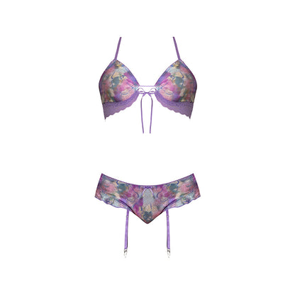 MAGIC SILK - WISTERIA MIST BRALETTE & PANTY WITH REMOVABLE GARTERS FLORAL QUEEN SIZE