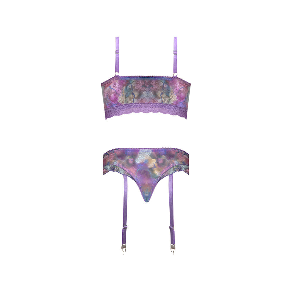 MAGIC SILK - WISTERIA MIST BRALETTE & PANTY WITH REMOVABLE GARTERS FLORAL QUEEN SIZE