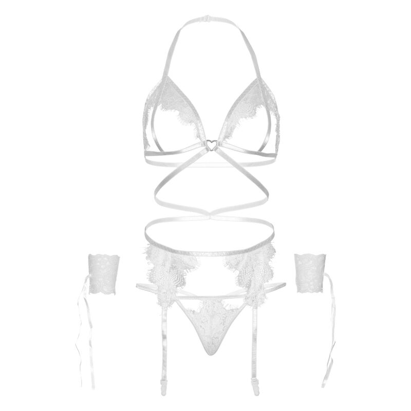LEG AVENUE - FOUR PIECES SET BRA, G-STRING, GARTER BELT & WRIST CUFFS