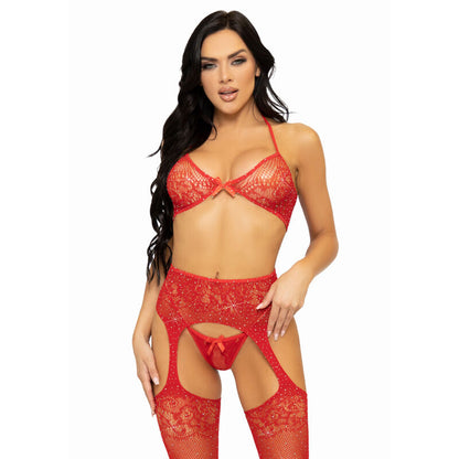 LEG AVENUE - THREE PIECES SET BRA, STRING AND STOCKING