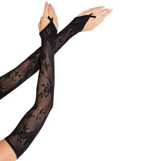 LEG AVENUE - EXTRA LONG FLORAL LACE ARM WARMER GLOVES BLACK