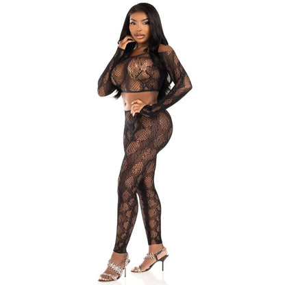 LEG AVENUE - 89373 PYTHON CROP TOP & FOOTLESS TIGHTS BLACK - ONE SIZE